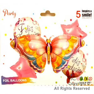 SET DE GLOBOS METALIZADO MARIPOSA ROSA 5 UNIDADES 